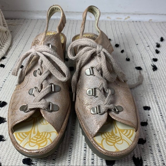 Fly London Ylfa Luna Rose Gold Wedge Sandal - Picture 2 of 9